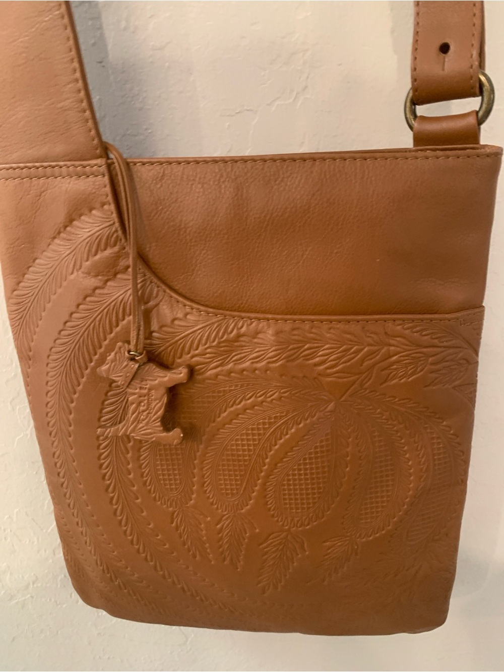 Radley of London Classic Tan Leather Crossbody Stitched Floral Accent Dog Charm